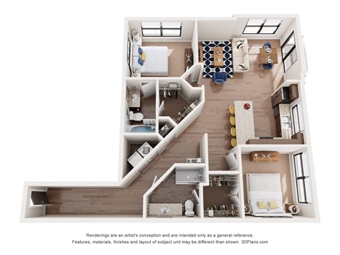 A 3D floor plan of a house with a kitchen, living room, and bathroom.